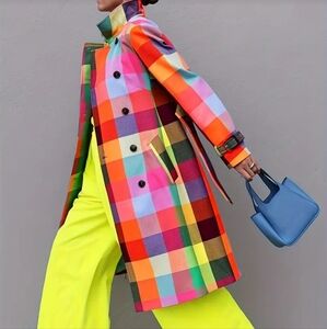 Colorful Plaid Coat with Neon Pants